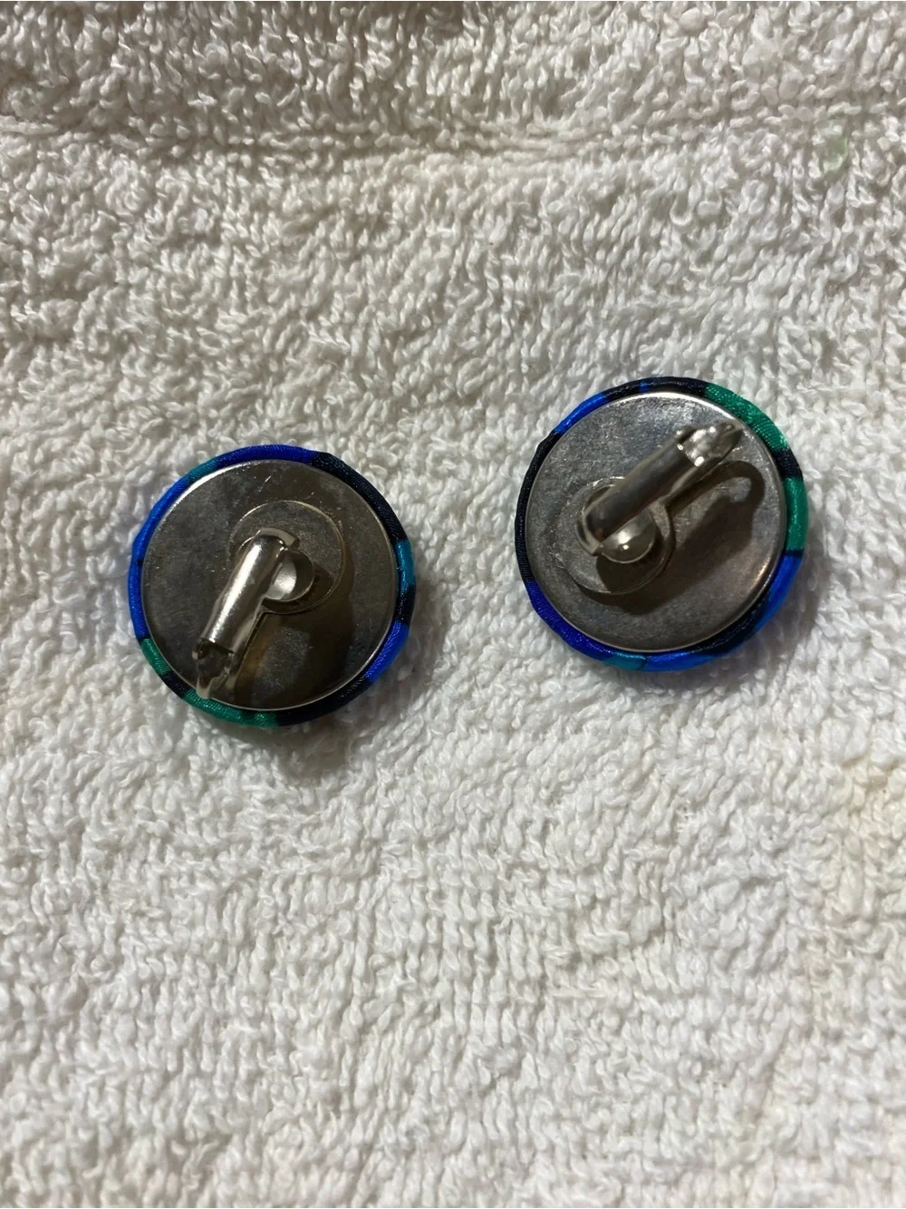 Round Fabric Button Clip On Earrings in Blue & Green (RR)
